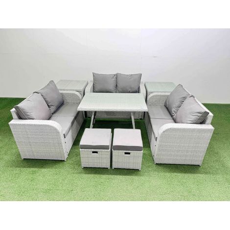 Fimous Rattan Garden Furniture Dining Set 8-seater Patio Rectangular Table Love Sofa Set with 2 Side Tables 2 Small Stools (1/4)