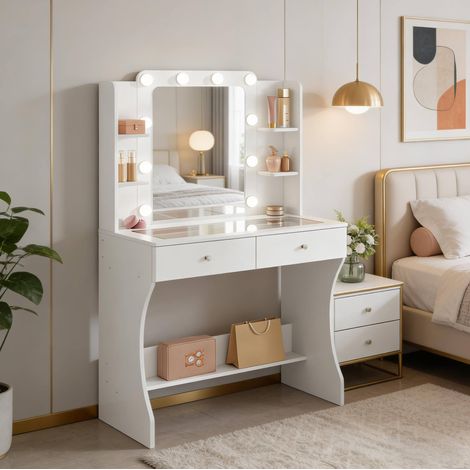 Tavolo da trucco con specchio, LED tricolore, piano in vetro, 80 x 38 x 135 cm DESVIAE (1/5)
