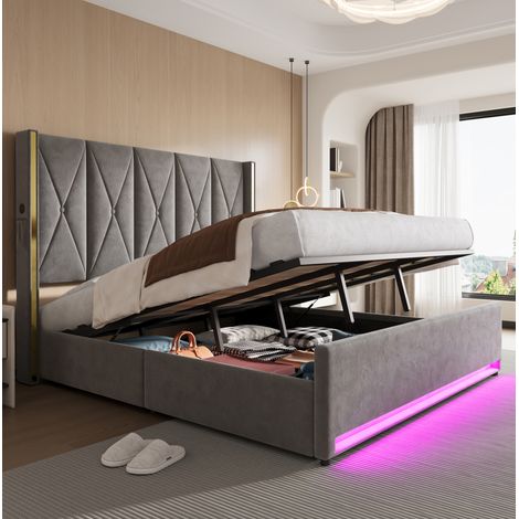Lit coffre moderne en velours gris foncé 180x200 cm avec haute tête de lit capitonnée, USB/Type-C, LED et sommier relevable (1/5)