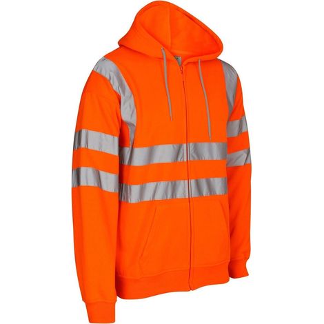 Veste homme haute visibilité à capuche réfléchissante, sécurité travail, imperméable, taille M-XXL, orange fluo, idéale chantier, pluie, nuit, avec bandes rétroréfléchissantes. (1/4)