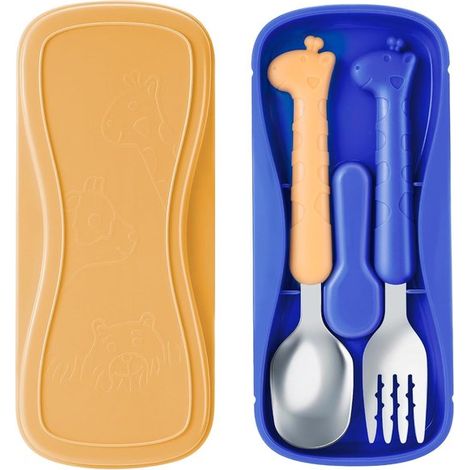 Couverts pour tout-petits - Ensemble cuillère et fourchette pour enfants - Couverts en acier inoxydable - Sans BPA - Jaune et bleu (1/5)