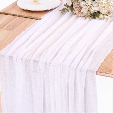Chemin de table en gaze blanche de 4 m (13 pieds), style bohème, 89 x 400 cm (35 x 157 pouces), idéal pour la décoration de mariage, baptême, Saint-Valentin, anniversaire ou toute autre fête. (1/5)
