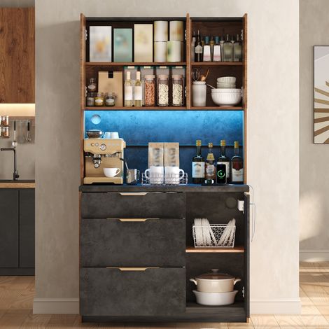 Meuble de cuisine, armoire haute avec LED et prises, meuble garde-manger à 4 portes et 3 tiroirs, salon et salle à manger, 100x40x180cm (1/5)
