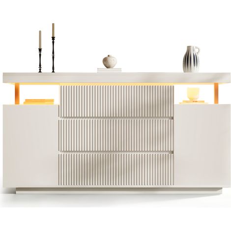 Buffet design avec LED intégré, blanc, 150x40x78cm, commode à 6 tiroirs et 2 portes, meuble mural pour salon ou entrée, façades cannelées, rangement élégant. (1/5)