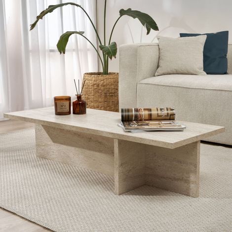 Couchtisch Marmoroptik, Rechteckig, Tischplatte aus Edelfurnier, Weiße Platte, 120x45x30h cm Weiß Marmor (1/5)