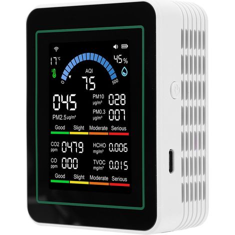 Appareil de mesure de la qualité de l'air Tuya WiFi 10 en 1 : CO2, CO, TVOC, HCHO, PM2.5, PM10, PM0.3, indice de qualité de l'air, température, humidité. Testeur portable d'intérieur, blanc. (1/5)