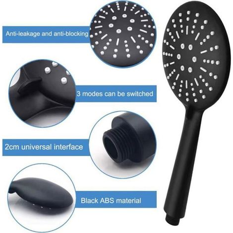 Pommeau de douche haute pression - - Noir - Anticalcaire - Flexible 1,5 m - 3 modes de jet - Diamètre 120 mm (1/5)