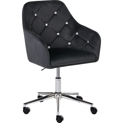 Office Chair Black Velvet Gas Lift Height Adjustable with Crystals Tufted Backrest and Full Swivel Glam Style Home Office VELORIA
