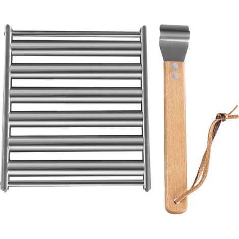 Operitacx Grille de barbecue et porte saucisses en acier inoxydable robuste Petit barbecue de camping avec poignée en bois pour feu (1/5)