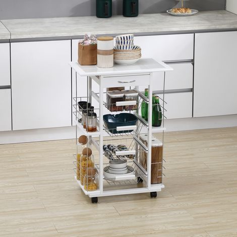 Chariot Cuisine Roues Légumes Paniers Tiroirs Étagères Latérales Mobilier Intérieur Blanc 57x37x83cm
