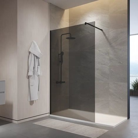 Doccia walk in 140cm vetro temperato anticalcare 10mm fum profili neri Naxos