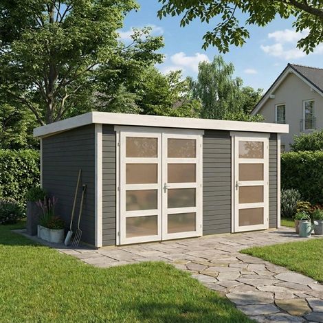 Abri Jardin Bois Massif 10.98m² Gris 2 Pièces Karibu Mühlentrup (1/5)