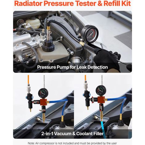 Kit test pression liquide refroidissement 47pcs, refill vide radiateur 3 adaptateurs métal, universel, outil diagnostic circuit auto, pompe pression & remplisseur alu-plastique (1/5)