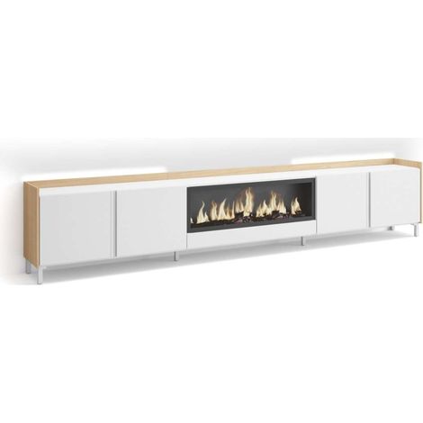 Mueble TV Algatocín-02 de 315x61x35 cm con chimenea y luces LED, diseño industrial, color blanco y roble soft (1/4)