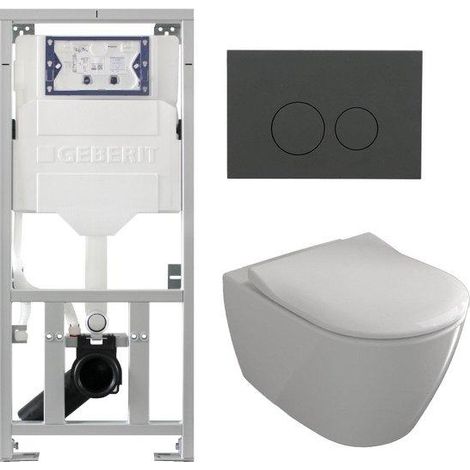 Villeroy & Boch Subway 2.0 Pack WC - réservoir encastré - WC à fond creux - flush direct - abattant mince - plaque de déclenchement mat anthracite -