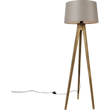 Country Tripod Vintage Wood with Linen Lampshade Taupe 45 cm - Tripod Classic