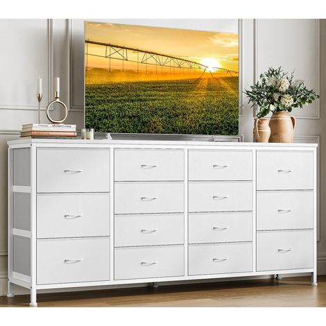 Commode, 160cm Commode de Chambre à Coucher 14 Tiroirs en Tissu, Meuble TV, Téléviseur, Meuble de Rangement pour Chambre d'enfants,Chambre à Coucher, Armoire, Salon, Couloir, Blanc (1/5)