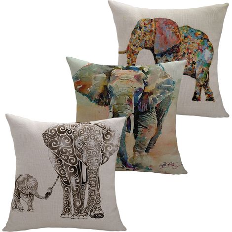 Lot de 3 Housse de coussin, Lin, 45x45 cm, Motif éléphant, Pour canapé, Salon (1/5)