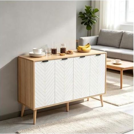 Buffet 120x35x77,4 cm 4 Portes, Étagères Réglables, Style Scandinave - Buffet salon - Meuble de Rangement, Meuble d'Entrée, Blanc (1/5)