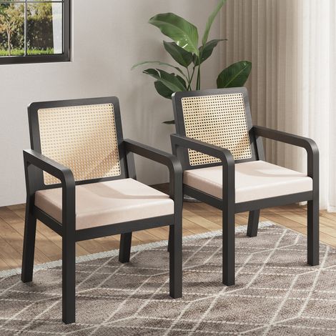 Esszimmerstuhl aus schwarzem Samt, PE-Rattan-Ruckenlehne, Gummibaumholz-Beine, 56 x 57 x 83 cm, 150 kg (1/5)