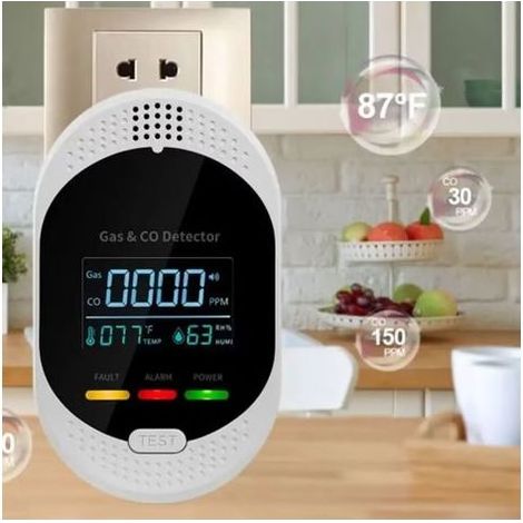 4-in-1-Detektor mit Alarm für Temperatur, Luftfeuchtigkeit, Kohlenmonoxid und Gas Gasdetektor für lange Wandsteckdose zur Innenraumanwendung deng ALOVEZ (1/5)