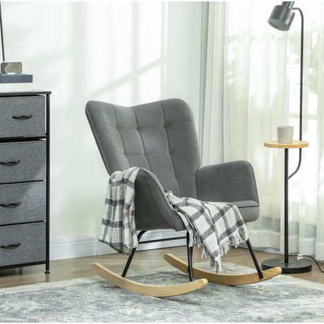 Poltrona a dondolo in poliestere effetto velluto, braccioli, grigio scuro OKMYHOME (1/5)