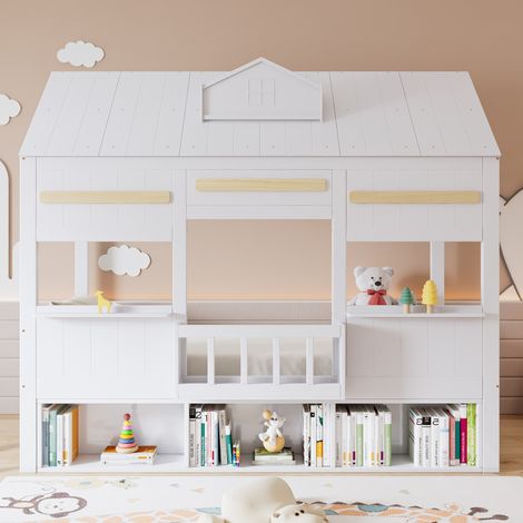 lit chambre enfant rangement maison 90x200 bois blanc HAVRYA (1/5)