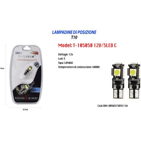 Trade Shop - Lampadine Di Posizione T10 Maxtech T-105050 12v / 5led C Ultra Luminose Canbus -
