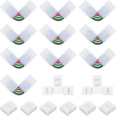 Das 5050 4-polige 10-mm-LED-Streifen-Anschlussset enthält 6 lückenlose 10-mm-Steckverbinder, 10 4-polige L-förmige Steckverbinder mit einstellbarem Winkel und 2 T-förmige Steckverbinder für SMD-Streif (1/5)
