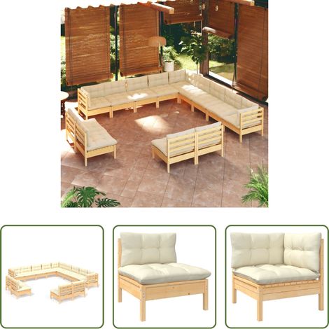 Terrassensofa -  13-tlg. Garten-Lounge-Set mit Creme Kissen Massivholz Kiefer (1/5)