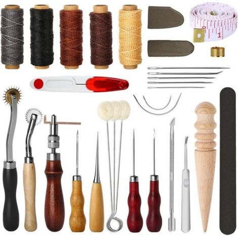 Cuir D'Outils de Couture Kit, Outils Couture Cuir Fil Ciré Cordon 31 in 1, vec Aiguilles À Coudre Ciseaux Ruban À Mesurer, DIY Cuir