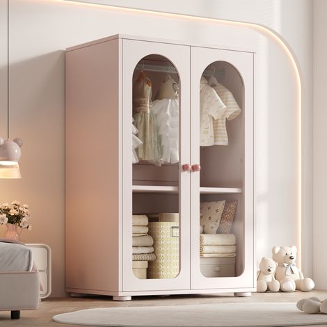REDOM - Armadio 80x50x120 cm, ripiani regolabili, ante trasparenti, barra appendiabiti, MDF acrilico rosa bebé (1/5)