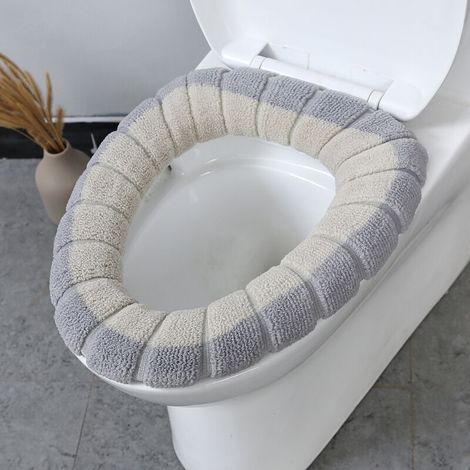 Coussin de siège de toilette, épais, tricoté, lavable, housse de siège de toilette d'hiver (gris et beige) (1/3)