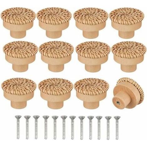 Set mit 12 Möbelknöpfen aus Naturrattan – 40 mm x 30 mm – Handgefertigt – Inklusive Schrauben für einfache Montage (1/5)