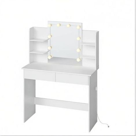 Tocador blanco con espejo LED, 2 cajones y 4 estantes abiertos HOMVRA (1/5)