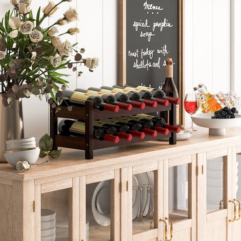 Casier à bouteilles de vin en bambou à 2 niveaux pour 12 bouteilles avec design incliné et pieds antidérapants pour cuisine (1/5)