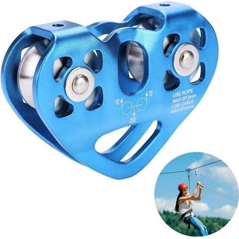 Tandem-Rollensystem, Doppelrollensystem für Kletterrettung mit XU-Kugellager, Fels-/Einzelrollensystem mit festem Aluminiumauge, blau - KZQ