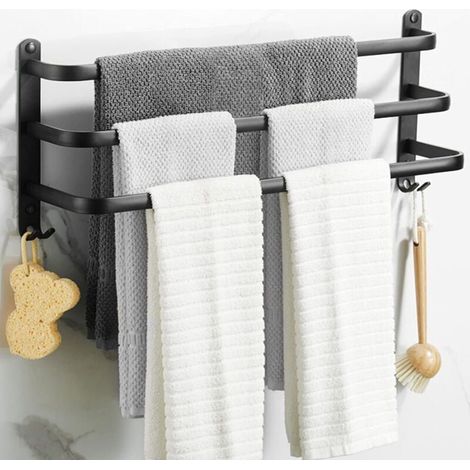 Wandmontierter Handtuchhalter, Badezimmer-Handtuchhalter, mattschwarzer selbstklebender Handtuchhalter, nicht perforierter Handtuchhalter aus Aluminiumlegierung (50 cm, drei Stangen) (1/4)
