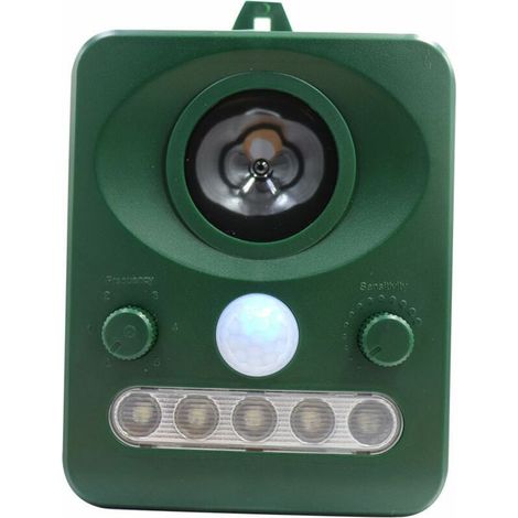 Repulsif d'oiseaux a ultrasons solaire exterieur, double charge solaire, conception etanche, batterie integree, vert herbe (1/4)