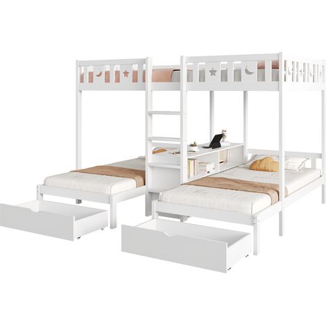 Lit superposé triple 140x220cm et 90x200cm avec échelle rangements 2 tiroirs, lit enfant avec  barrière sécurité motif étoiles lune, bois massif blanc (1/5)