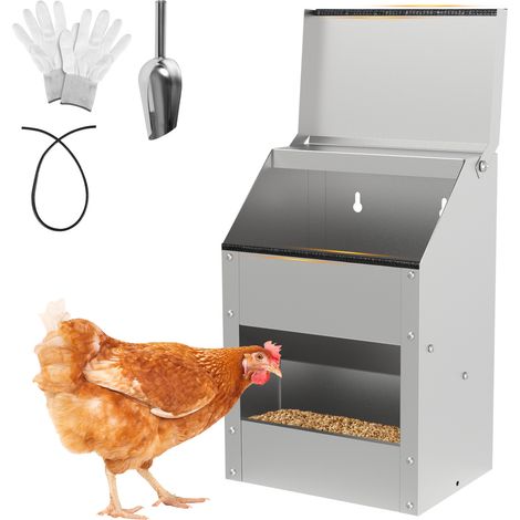 Jiubiaz Hühner Futterautomat 5 kg Metall, verzinkter Geflügel-Futterspender mit Deckel, Boden- oder Wandmontage, Schaufel, Handschuhe, Kantenschutz (1/5)