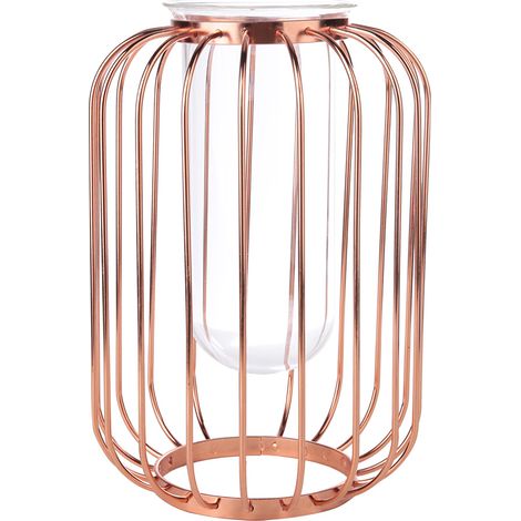 Vase en fer forgé forme lanterne nordique, doré rose, vase de table en verre et fer pour fleurs (1/5)