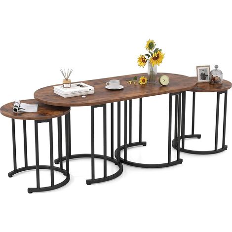 Table Basse Ovale et 2 Tables d'Appoint Rondes avec Plateau en Marbre Synthétique et Cadre Métallique, Style Moderne, Marron (1/5)