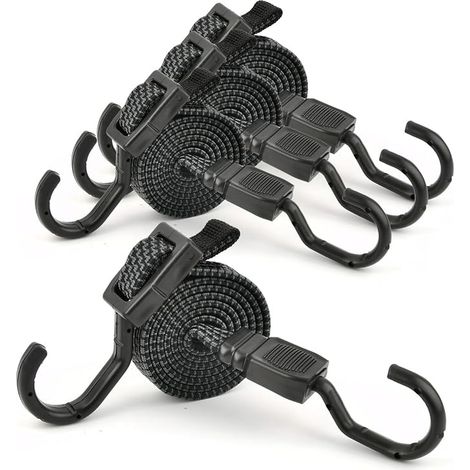 4 x Elastic Bungees with Hooks, Adjustable Elastic Tensioners from 1 to 1.5 m Adjustable Luggage Cord Flat Elastic Cord for Awnings, Gardens, Bicycles, Tarpaulins (1/5)