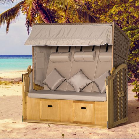 Silla de exterior tipo strandkorb de acero color madera natural, reclinable con reposapiés, mesas plegables y cojines (1/5)