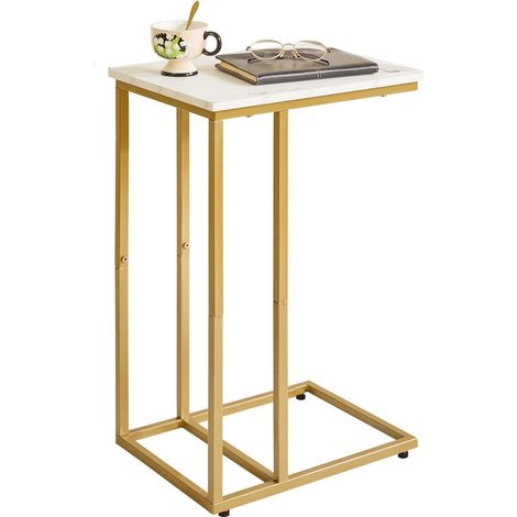 Table D'appoint, C Form Table D'appoint, Table Basse pour Étude, Travail, Industrielle pour Petit Espace, Salon, Chambre À Coucher, Structure en Marbre Blanc et Métal Doré, YD-TM051G (1/5)