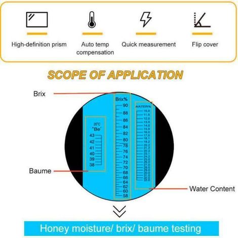 Réfractomètre à miel portable - - 3 en 1 - Teneur en eau 12-27% - Brix 58-90% - Baume 38-43Be' - ATC 10°C – 30°C (1/4)