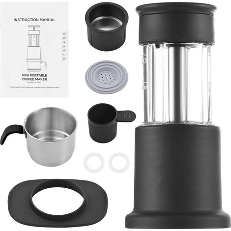 Cafetière Manuelle Portable 2 en 1 pour Voyage Barista Partout 10 à 15 Machine à café Pression pour la Maison et L'extérieur Tasse en Acier Inoxydable – Idéal les Amateurs de café (Noir) (1/5)