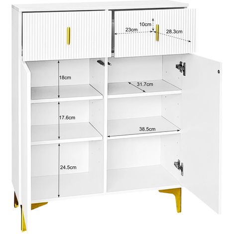 Meuble à chaussures buffet élégant, panneaux texturés, étagères ajustables, finitions dorées, tiroirs intégrés, rangement pratique et décoratif. (1/5)