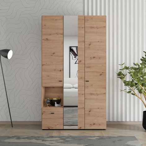 Guardarropa 3 Puertas Patzcu, Armario de Dormitorio con Perchero, un Cajón, 5 Estantes, 117x52 cm Roble Marrón Nudo (1/5)